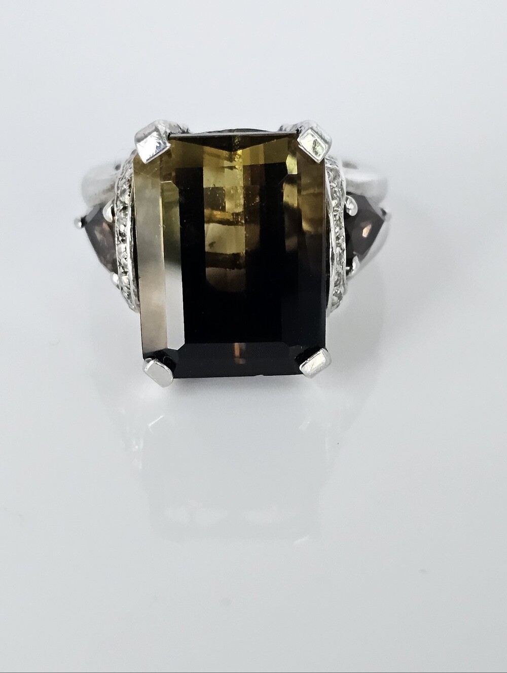 Rare Bicolor Smoky Quartz Ring Sterling Silver Platinum Finish Size 7!